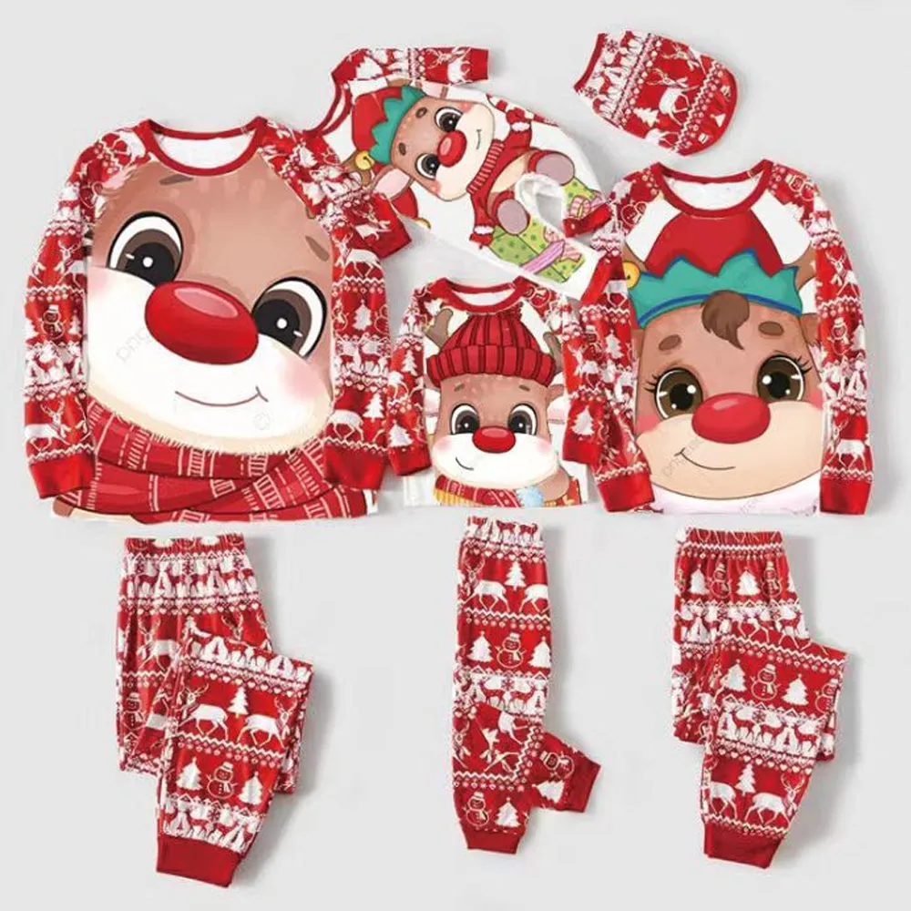 2022 Christmas Family Pajamas Christmas Cartoon Print Red Pajamas Set