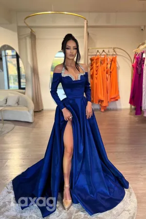 22125 - A-Line Halter Beaded Sleek Satin High Slit Party Prom Formal Evening Dress