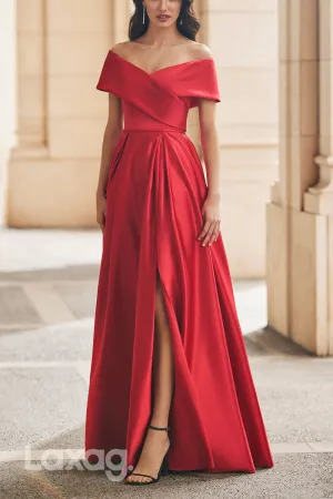 23039 - A-Line Off Shoulder Sleek Satin Cocktail Party Formal Evening Dress with Slit