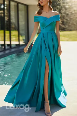 23078 - A-Line Off Shoulder Sleek Satin Cocktail Party Formal Evening Dress with Slit