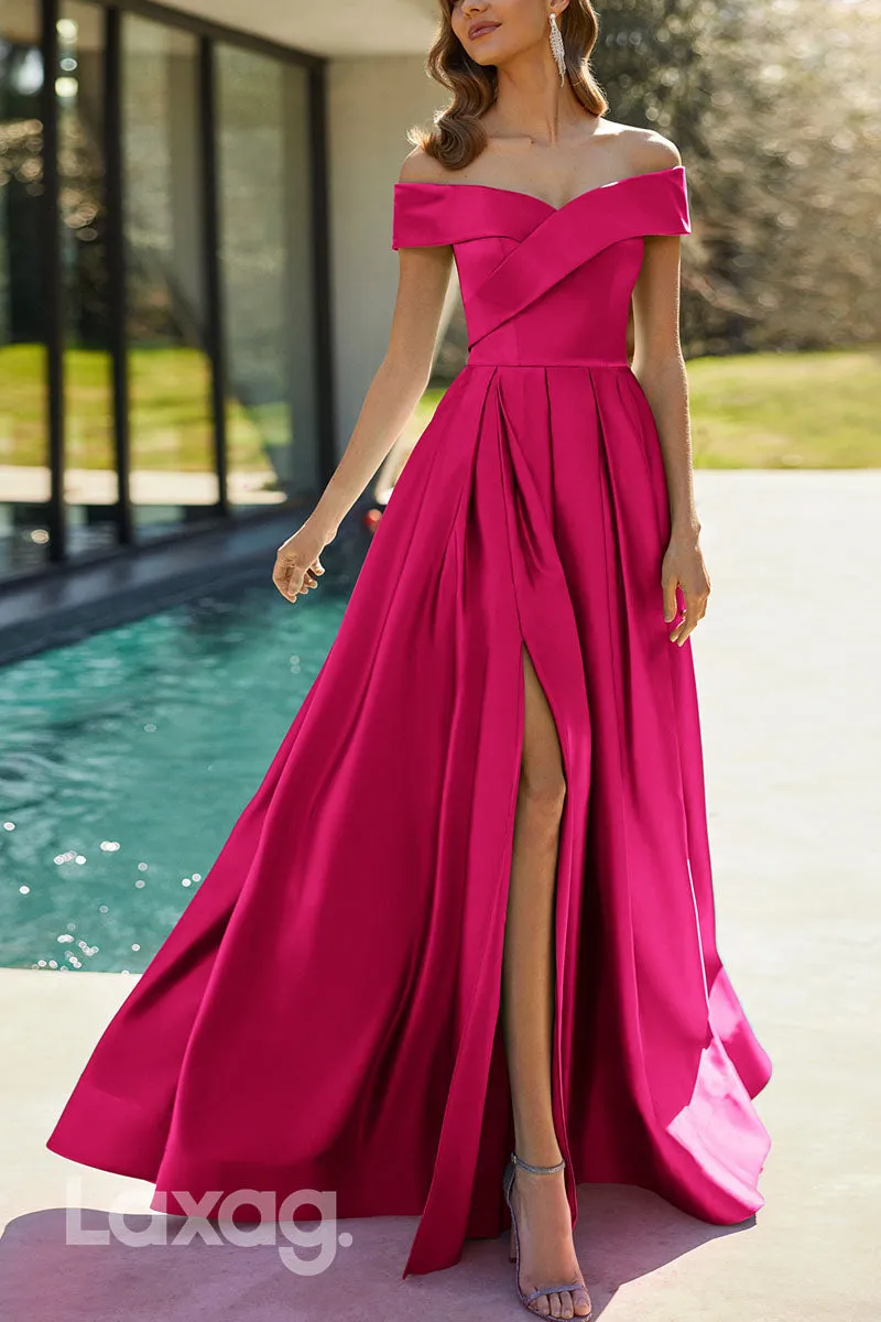 23078 - A-Line Off Shoulder Sleek Satin Cocktail Party Formal Evening Dress with Slit