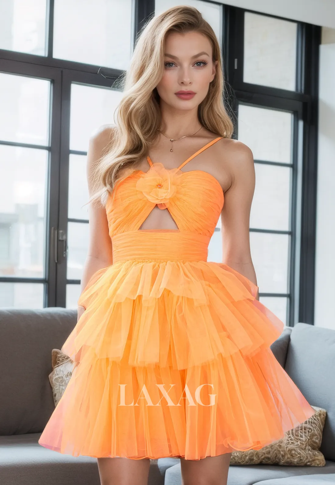 A-Line Spaghetti Straps Tiered Tulle Cutout Party Homecoming Dress