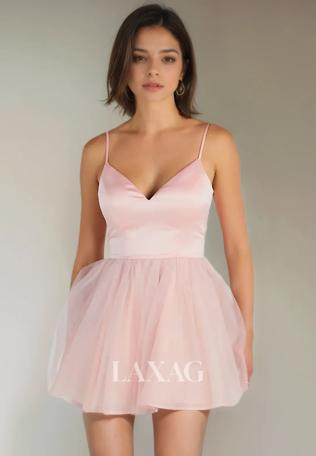 A-Line Spaghetti Straps V-Neck Open Back Tulle Party Homecoming Dress