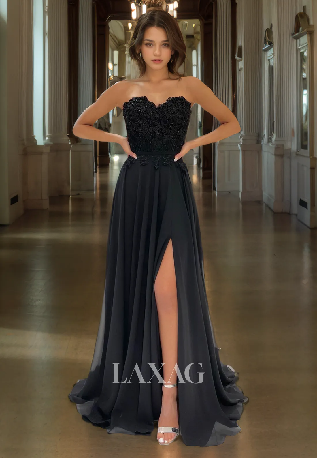 A-Line Strapless Lace Appliques High Slit Party Prom Formal Evening Dress with Train