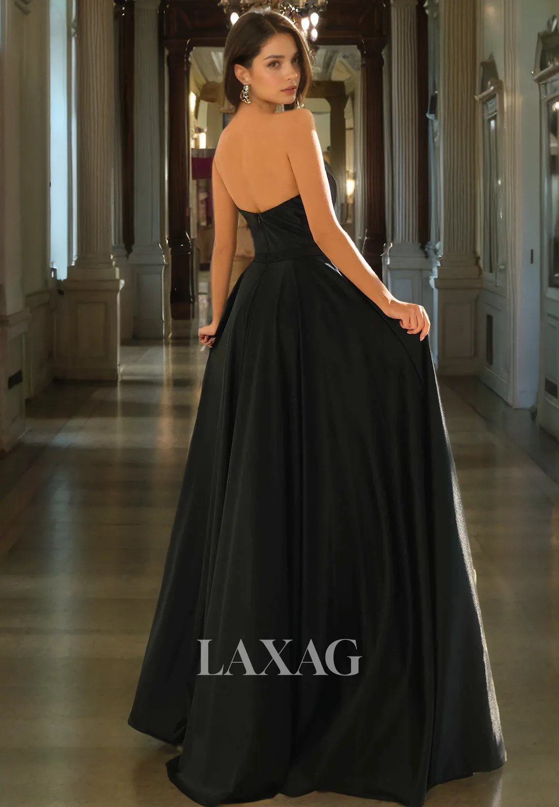 A-Line Strapless Sleek Satin Party Prom Formal Evening Dress with Train