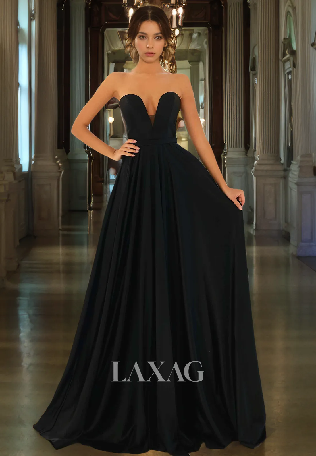 A-Line Strapless Sleek Satin Party Prom Formal Evening Dress with Train