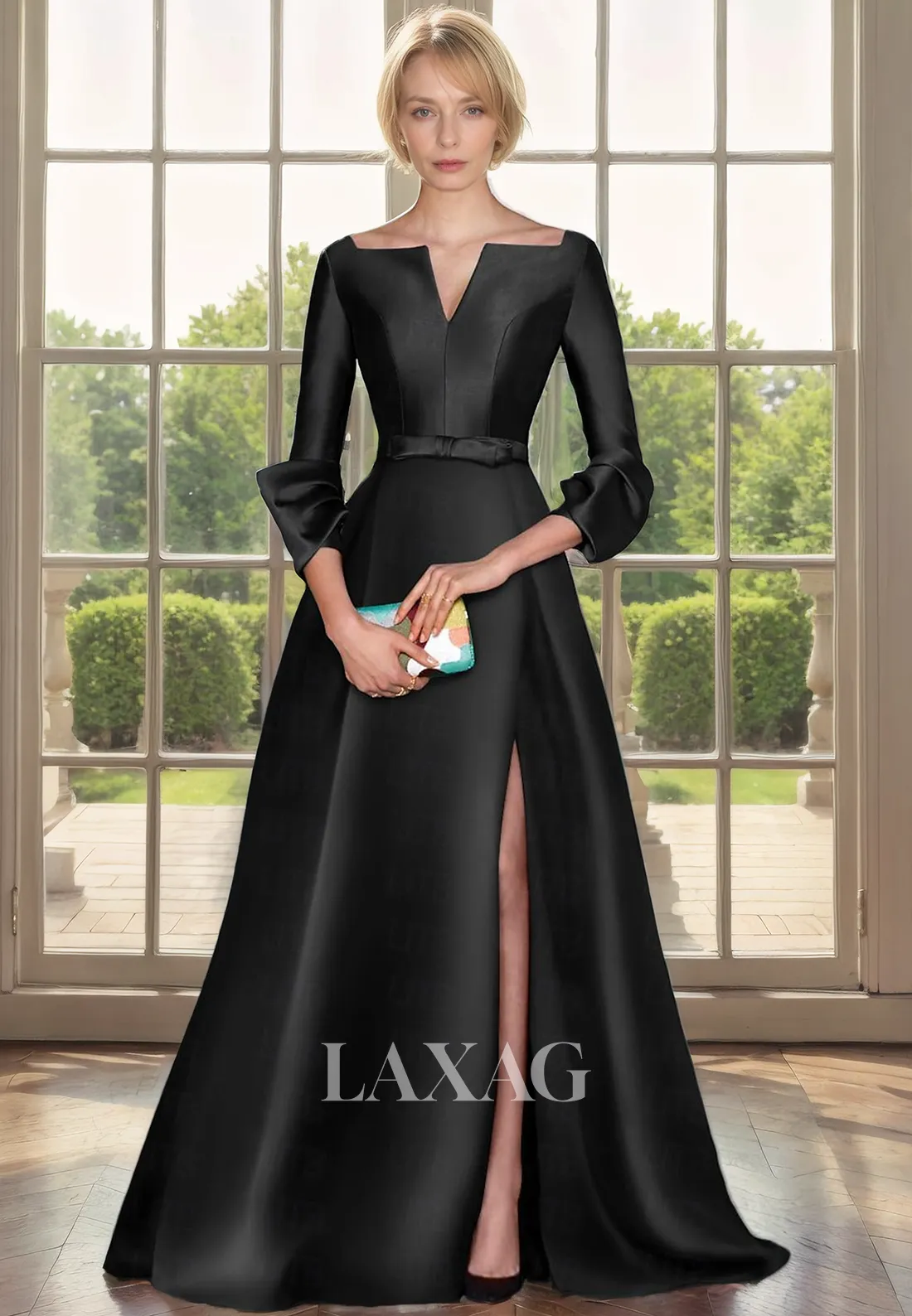 A-Line V-Neck Quarter Sleeves Sleek Satin Mother of the Bride Dress with Slit