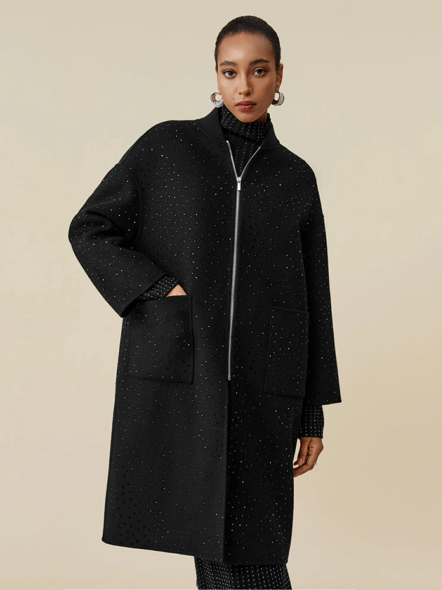 Amoretu 100% Wool Rhinestone Zipper Long Coat