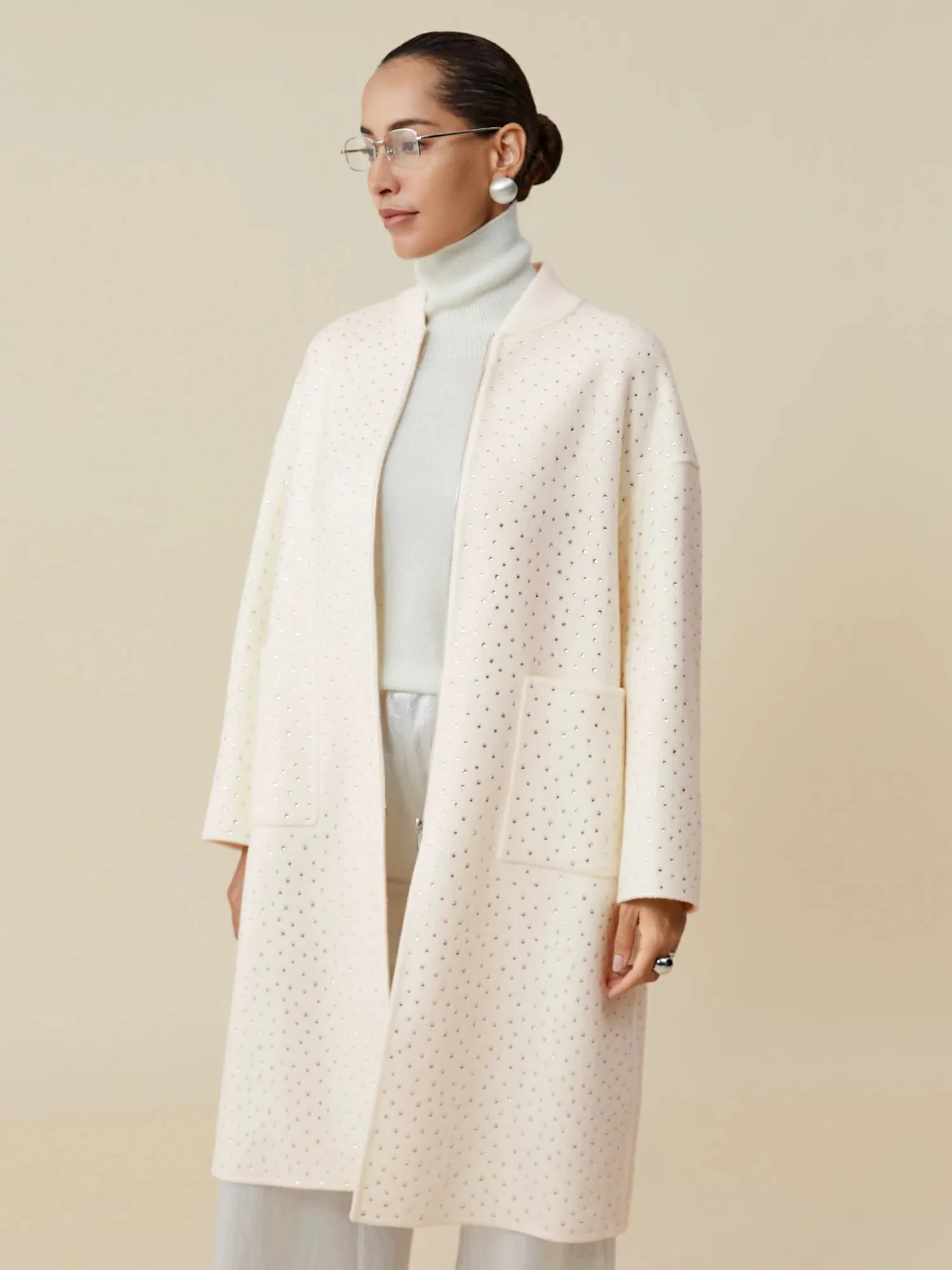 Amoretu 100% Wool Rhinestone Zipper Long Coat