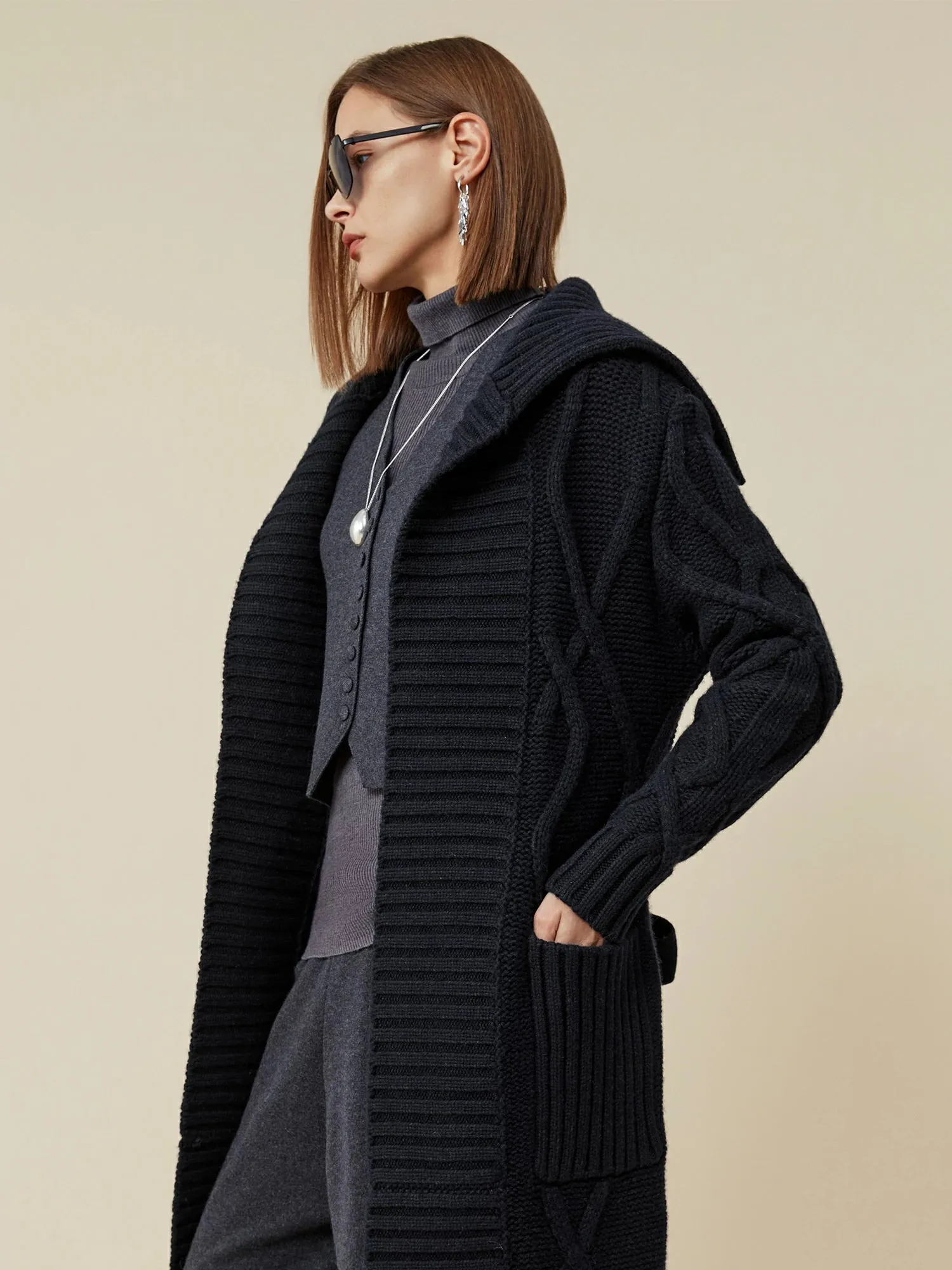 Amoretu 64% Wool Lapel Long Sleeve Knit Long Cardigan