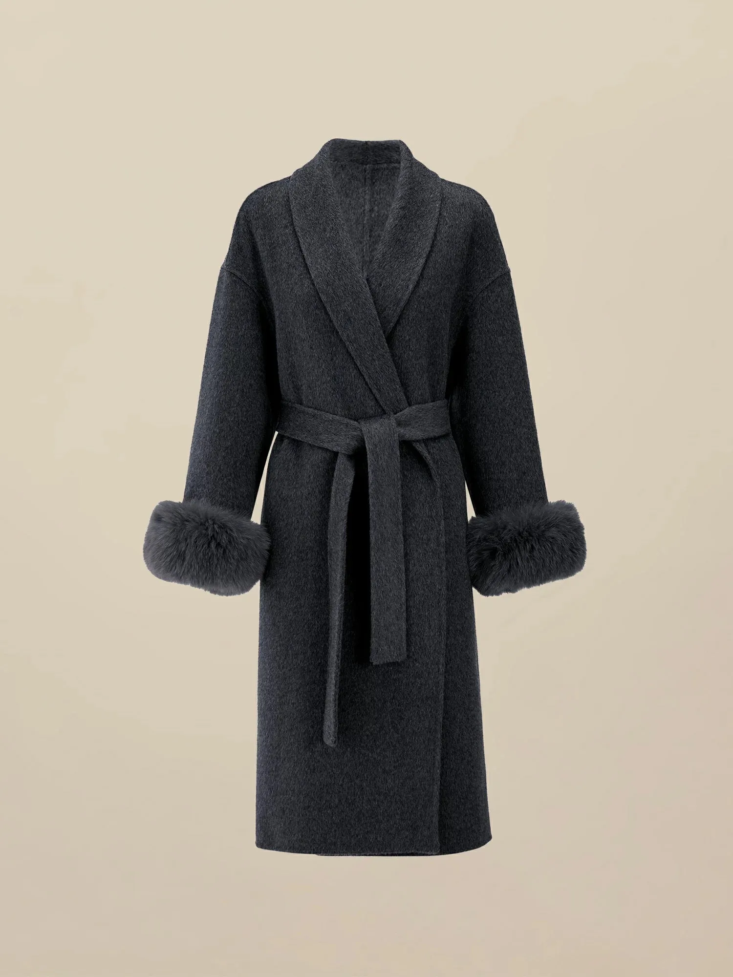 Amoretu 70.9% Wool Lapel Long Sleeve Plush Cuff Long Coat