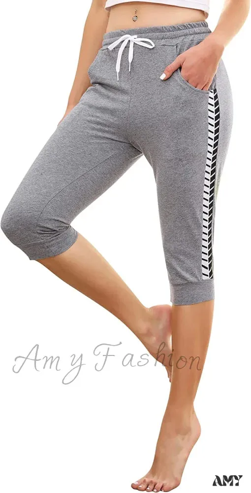 Amy Fashion - Casual Lounge Cotton Yoga Pants Elastic Drawstring Capris