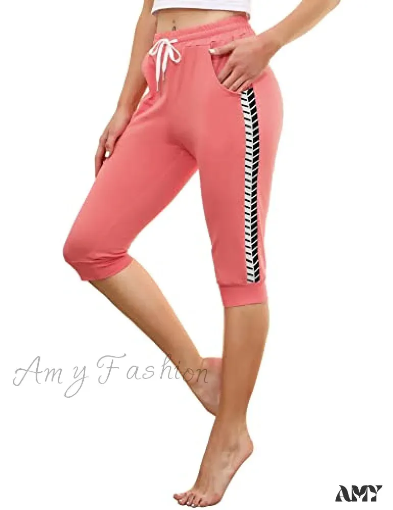 Amy Fashion - Casual Lounge Cotton Yoga Pants Elastic Drawstring Capris