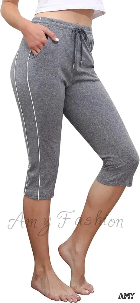 Amy Fashion - Casual Lounge Cotton Yoga Pants Elastic Drawstring Capris