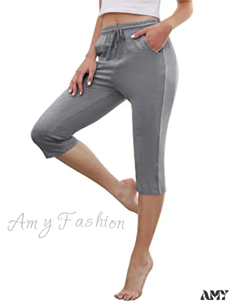 Amy Fashion - Casual Lounge Cotton Yoga Pants Elastic Drawstring Capris