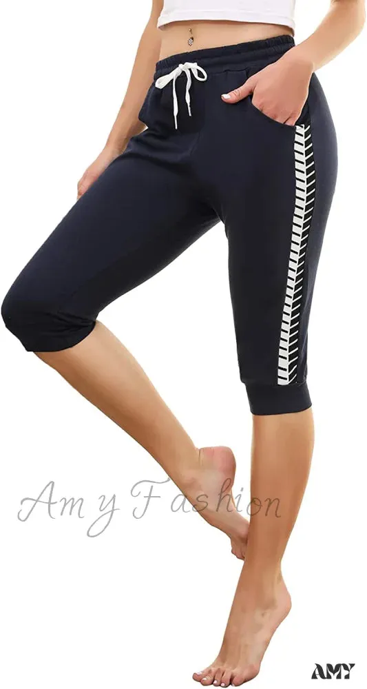 Amy Fashion - Casual Lounge Cotton Yoga Pants Elastic Drawstring Capris