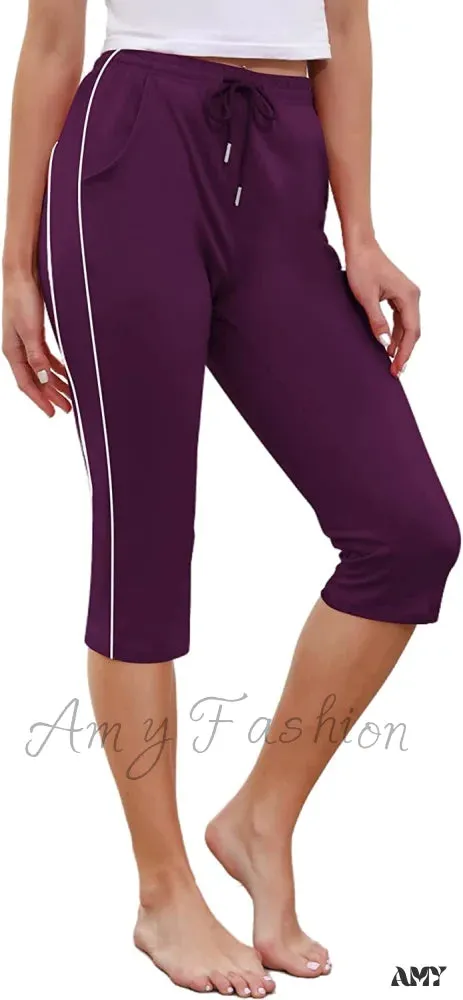 Amy Fashion - Casual Lounge Cotton Yoga Pants Elastic Drawstring Capris