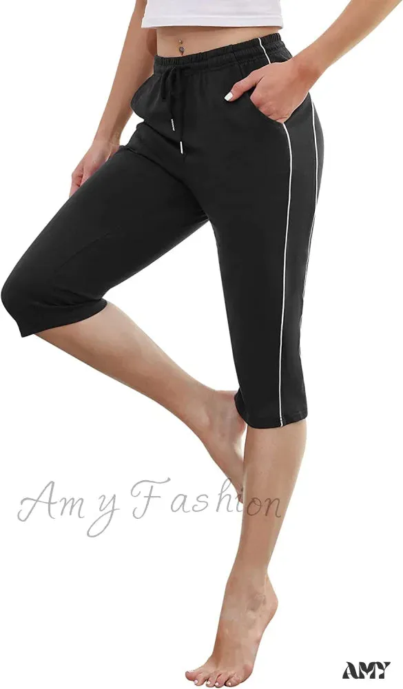 Amy Fashion - Casual Lounge Cotton Yoga Pants Elastic Drawstring Capris