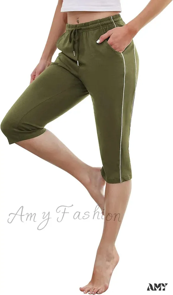 Amy Fashion - Casual Lounge Cotton Yoga Pants Elastic Drawstring Capris