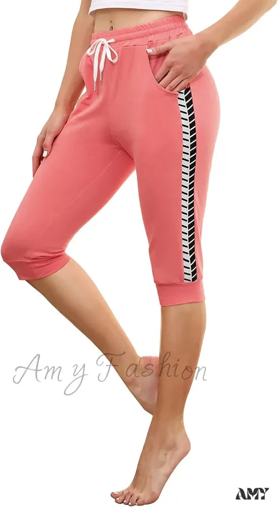 Amy Fashion - Casual Lounge Cotton Yoga Pants Elastic Drawstring Capris