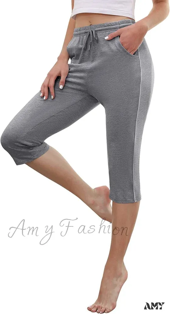 Amy Fashion - Casual Lounge Cotton Yoga Pants Elastic Drawstring Capris