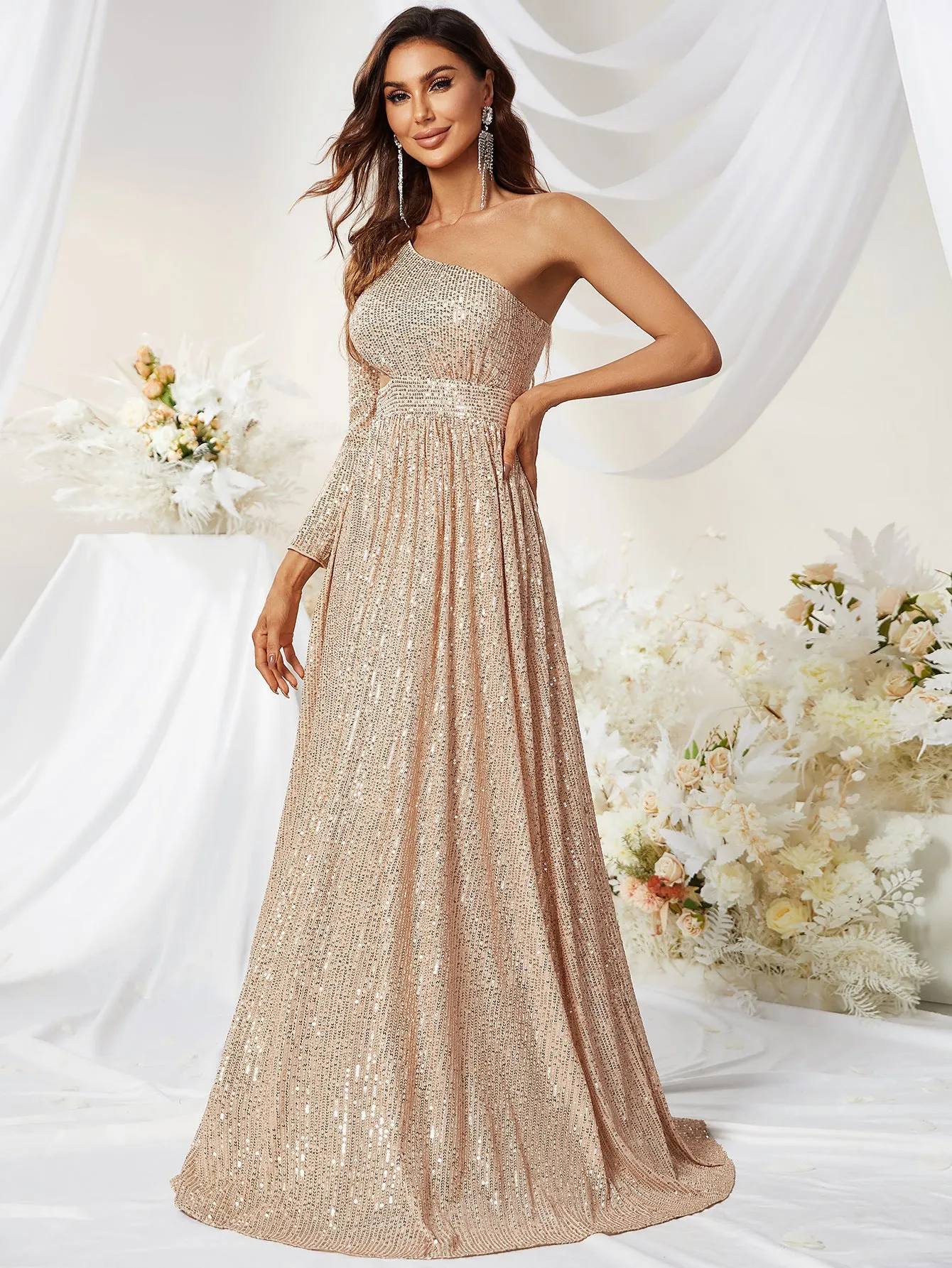 Andrea Sequined One Shoulder Gold High Slit Gown