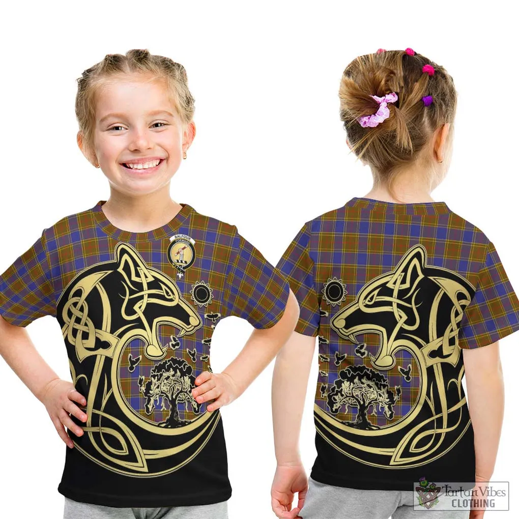 Balfour Tartan Kid T-Shirt with Family Crest Celtic Wolf Style