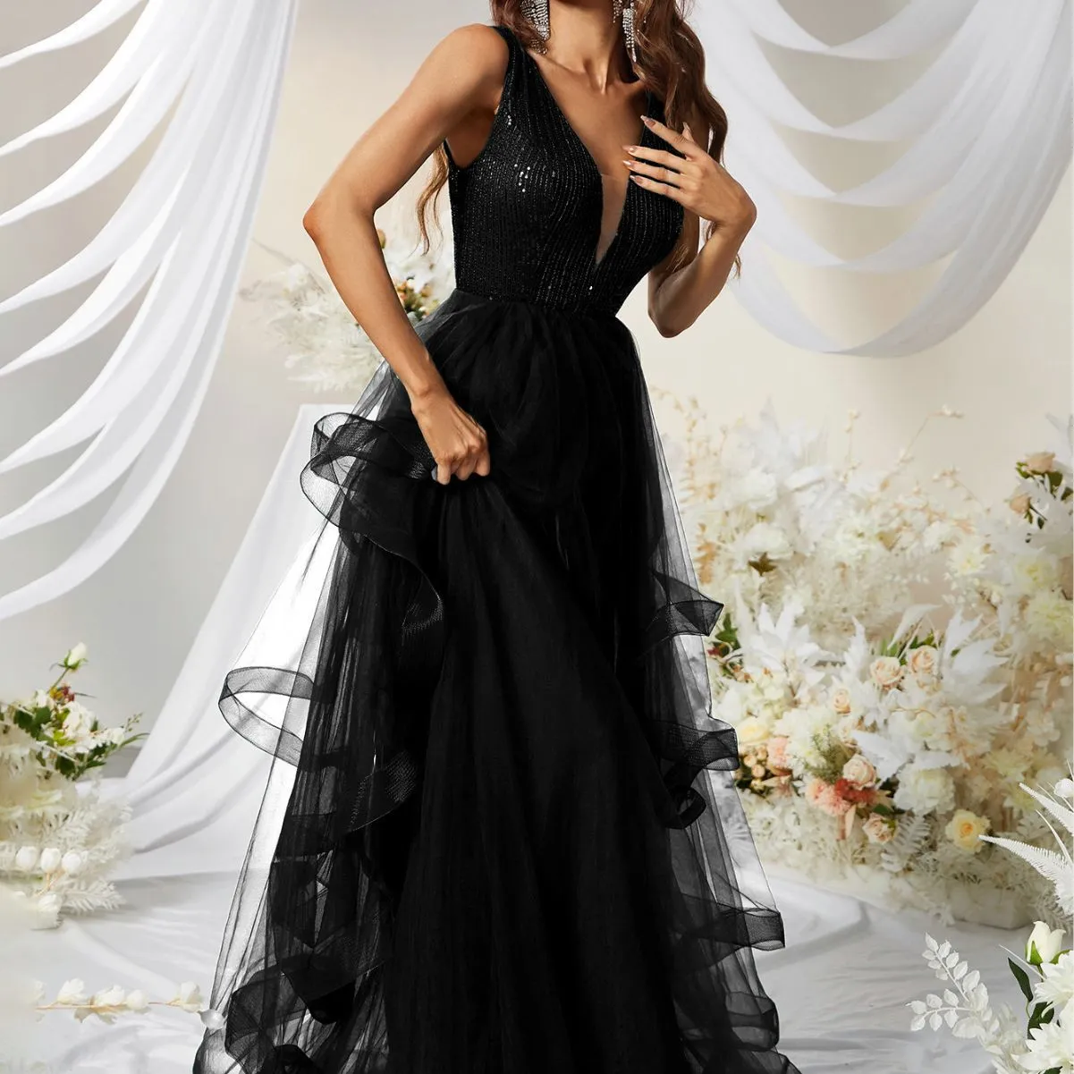 Black Sequined V Neck Gown