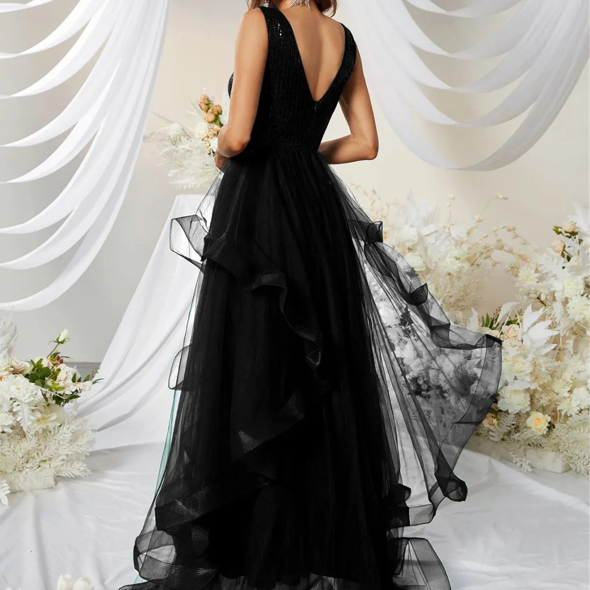 Black Sequined V Neck Gown