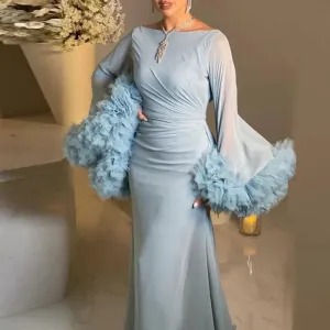 Blue Chiffon Fashion Evening Dresses Saudi Arabic Ruffle Long Sleeves Elegant Women Formal Wedding Party Gowns M 071064868