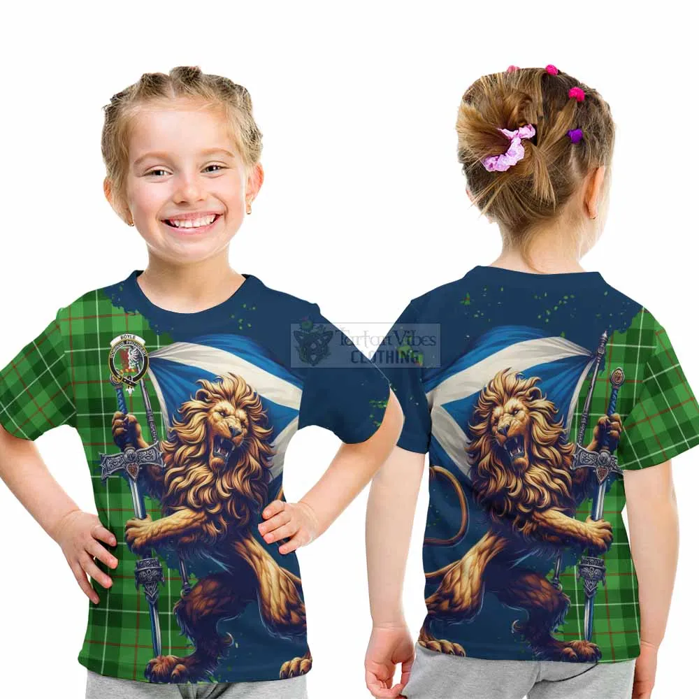 Boyle Tartan Family Crest Kid T-Shirt with Scottish Majestic Lion