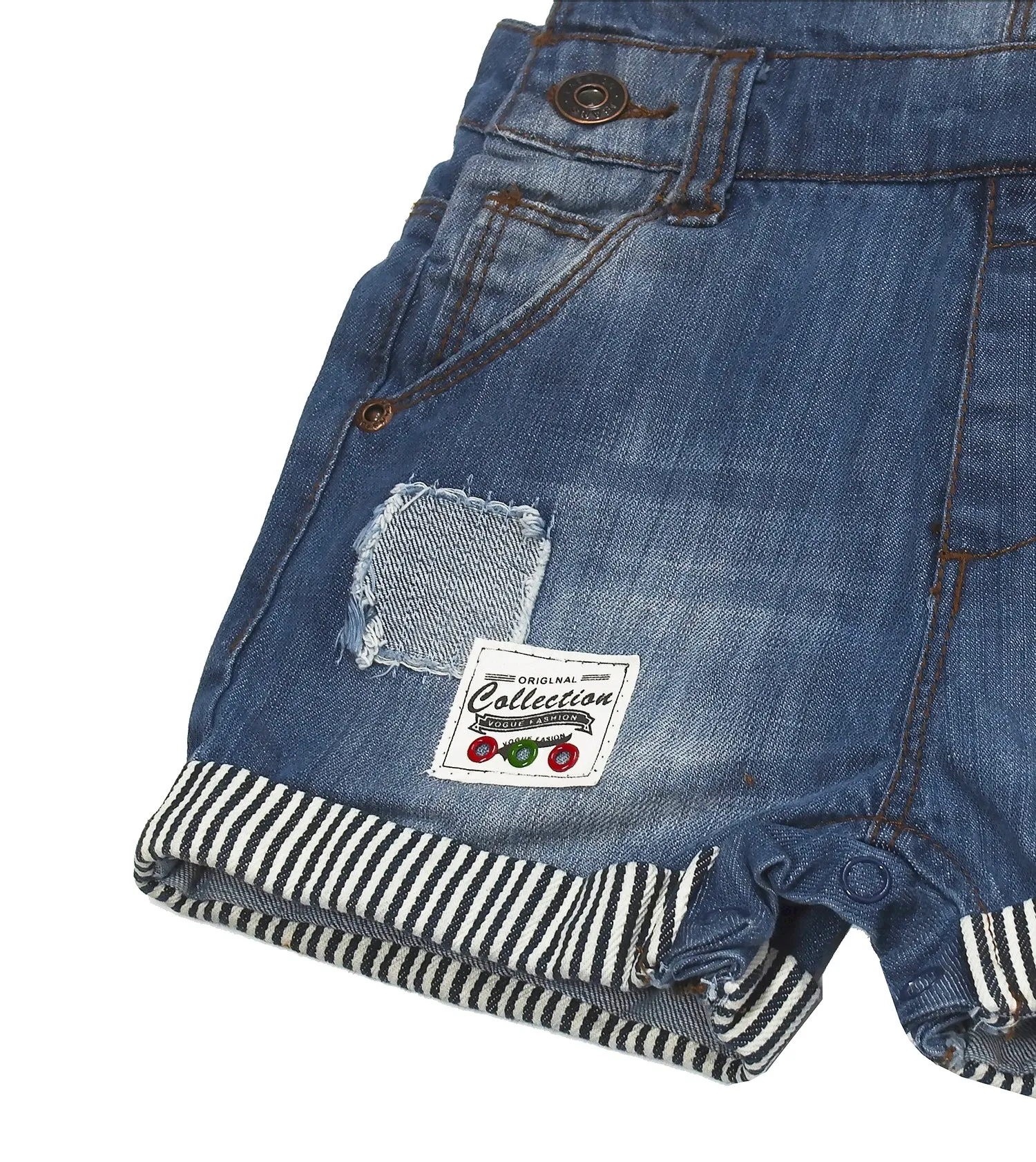 Boys Big Bib Pocket Stripe Cuffed Bottom Denim Shortalls