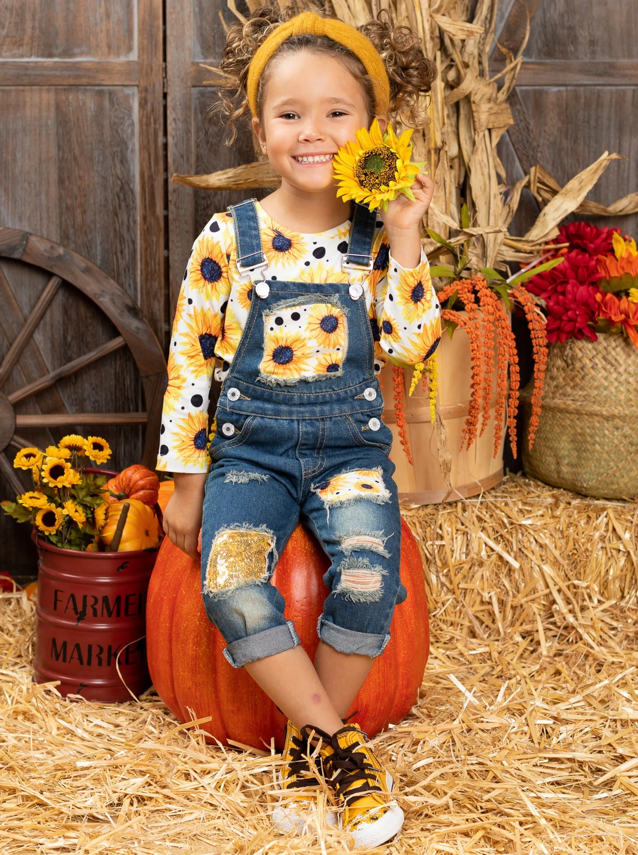 Bright Sunflower Patched Overall Set