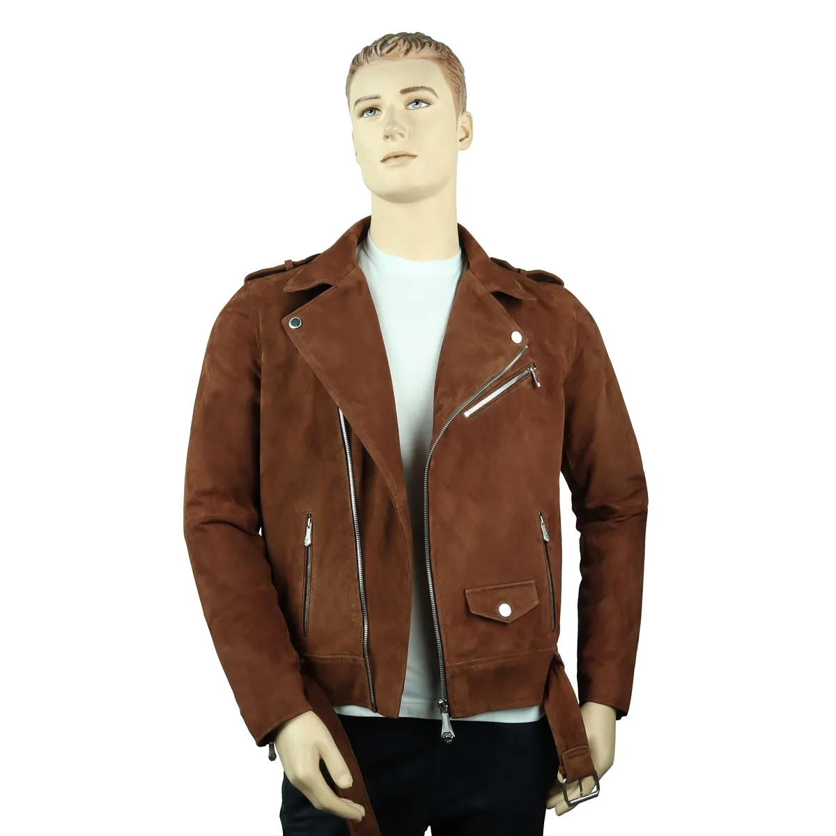 Brown Suede Leather Biker Jacket with Adjustable Waist Belt by Brune & Bareskin