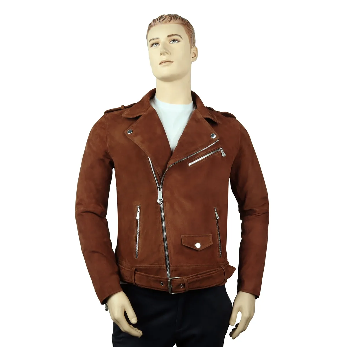 Brown Suede Leather Biker Jacket with Adjustable Waist Belt by Brune & Bareskin