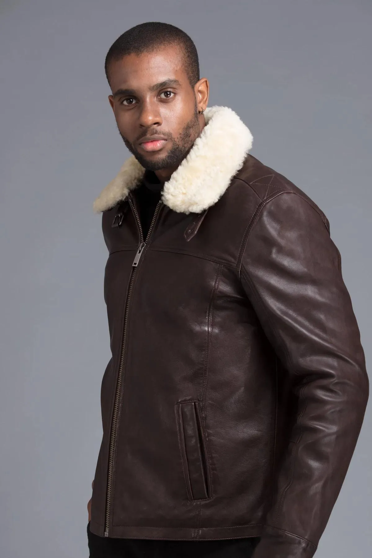 Chocolate Color Real Faux Fur Eskimo Collar Decant Jacket For Men by TJS