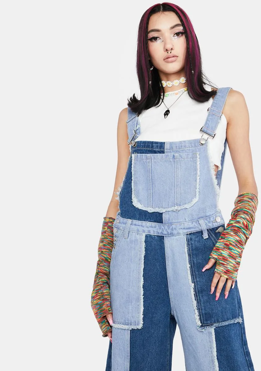 Cute Reaction Patchwork Denim Overalls