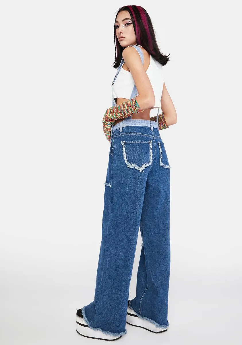 Cute Reaction Patchwork Denim Overalls