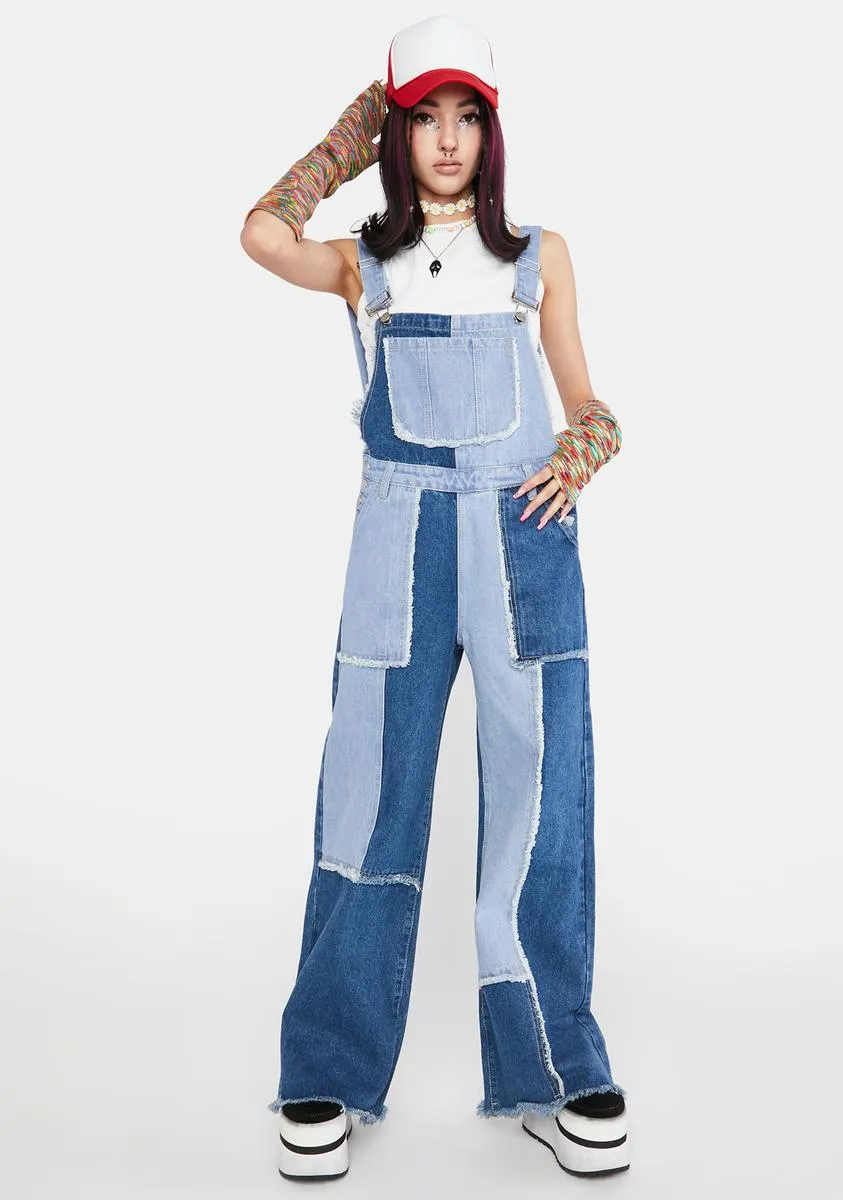 Cute Reaction Patchwork Denim Overalls