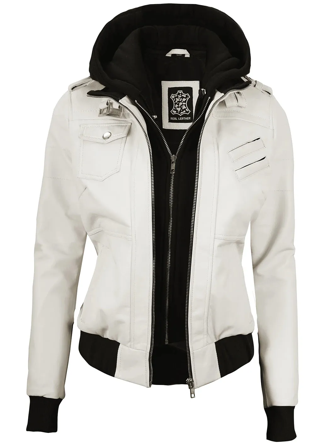 Edinburgh Off White Hooded Leather Bomber Jacket