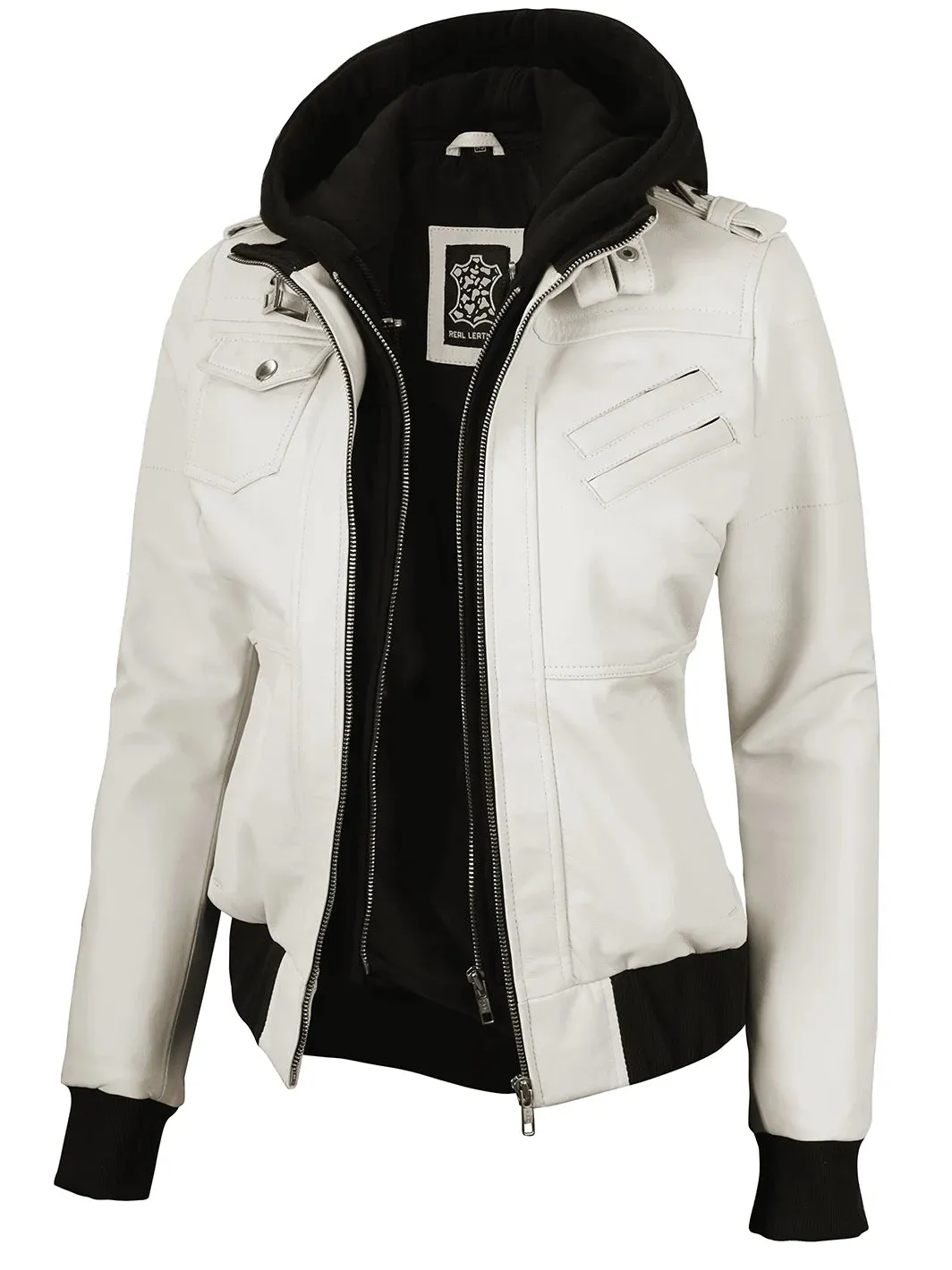 Edinburgh Off White Hooded Leather Bomber Jacket