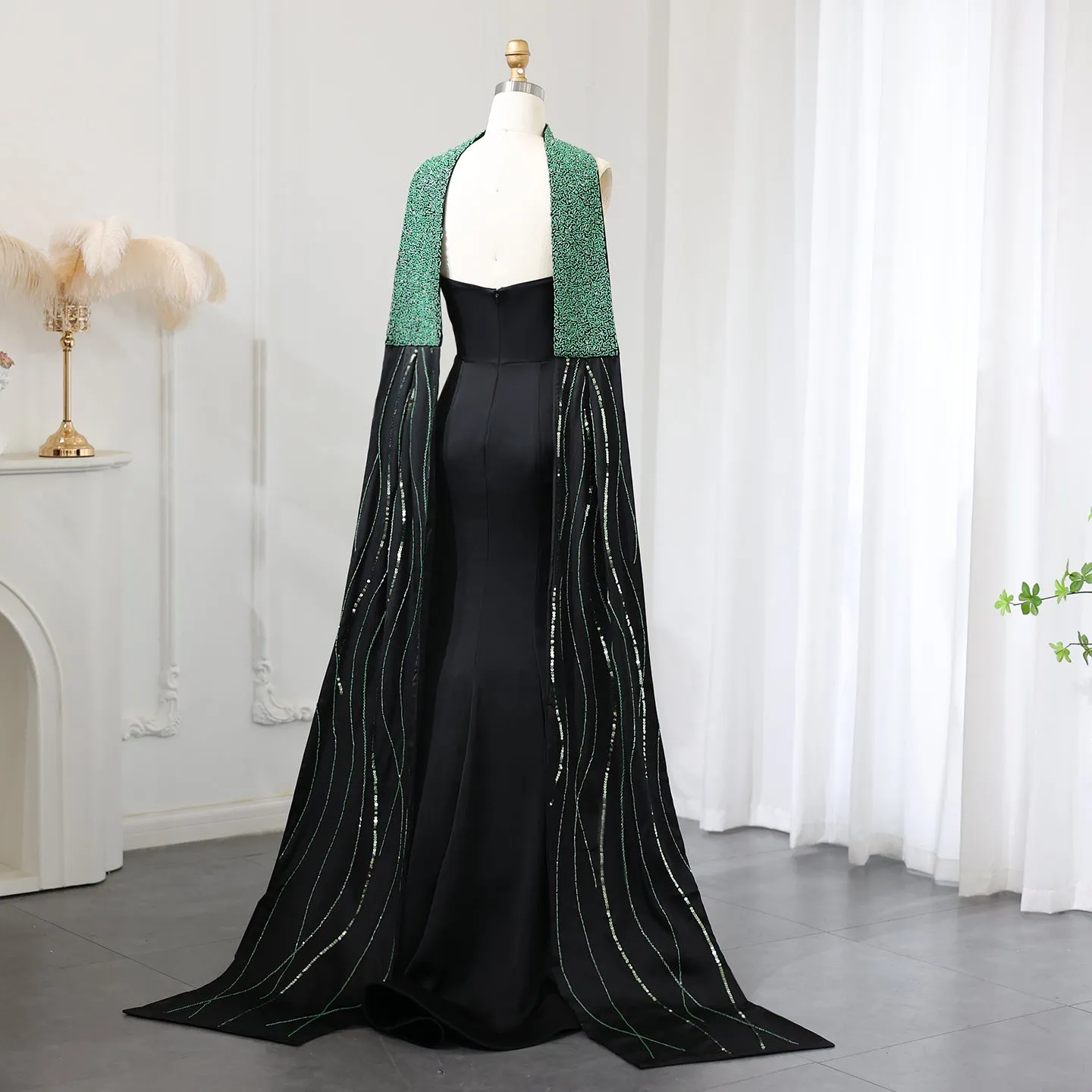 Elegant Black Mermaid Evening Dress with Beaded Scarf SS421