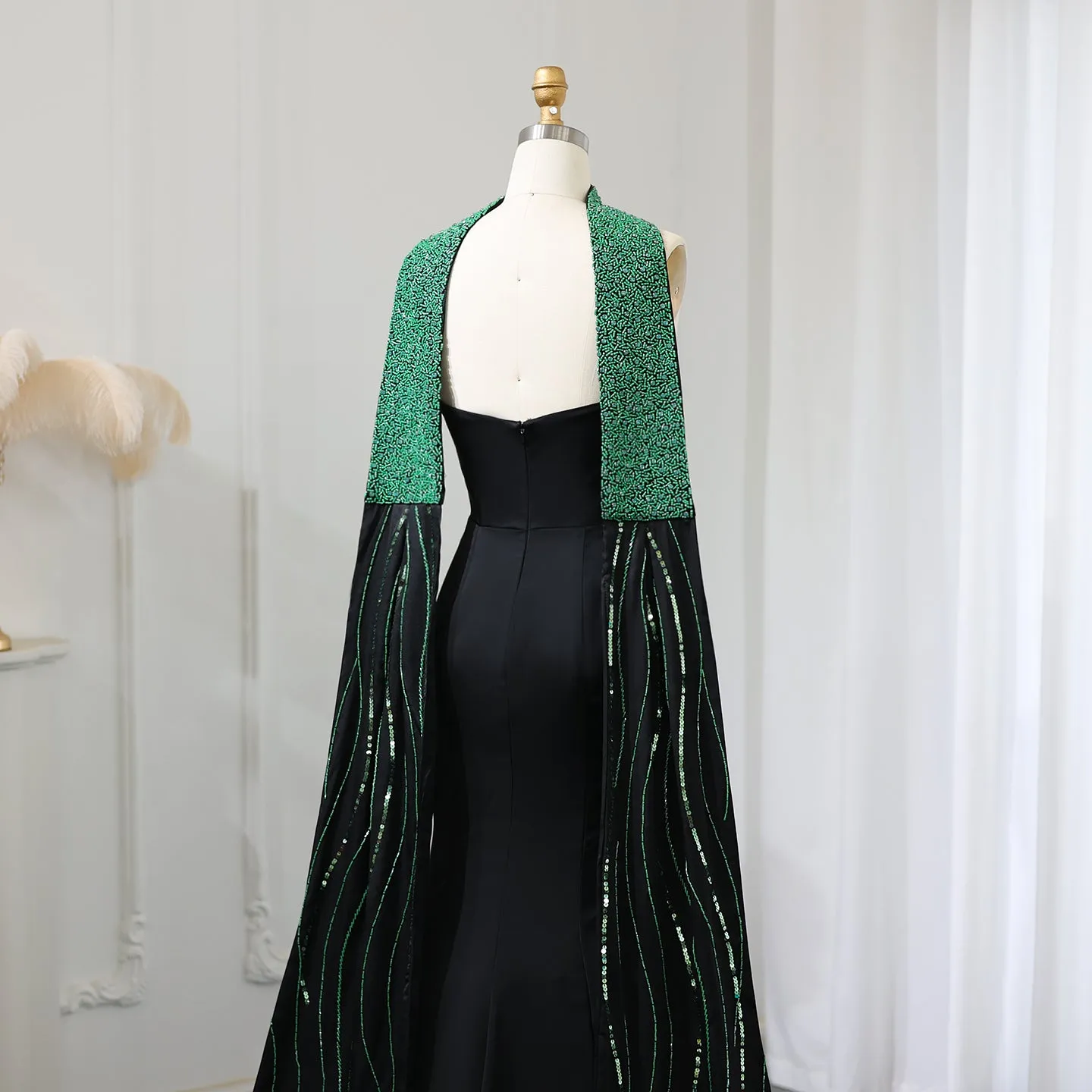 Elegant Black Mermaid Evening Dress with Beaded Scarf SS421