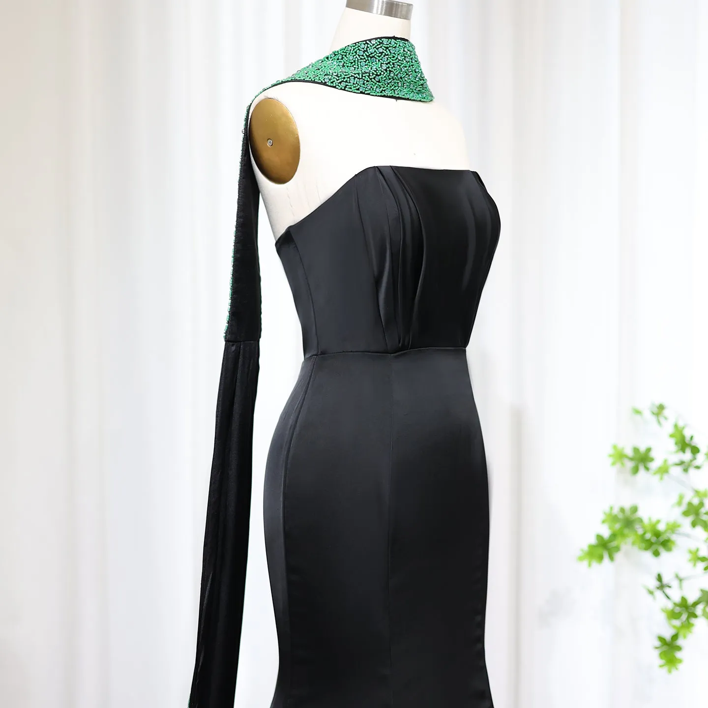 Elegant Black Mermaid Evening Dress with Beaded Scarf SS421