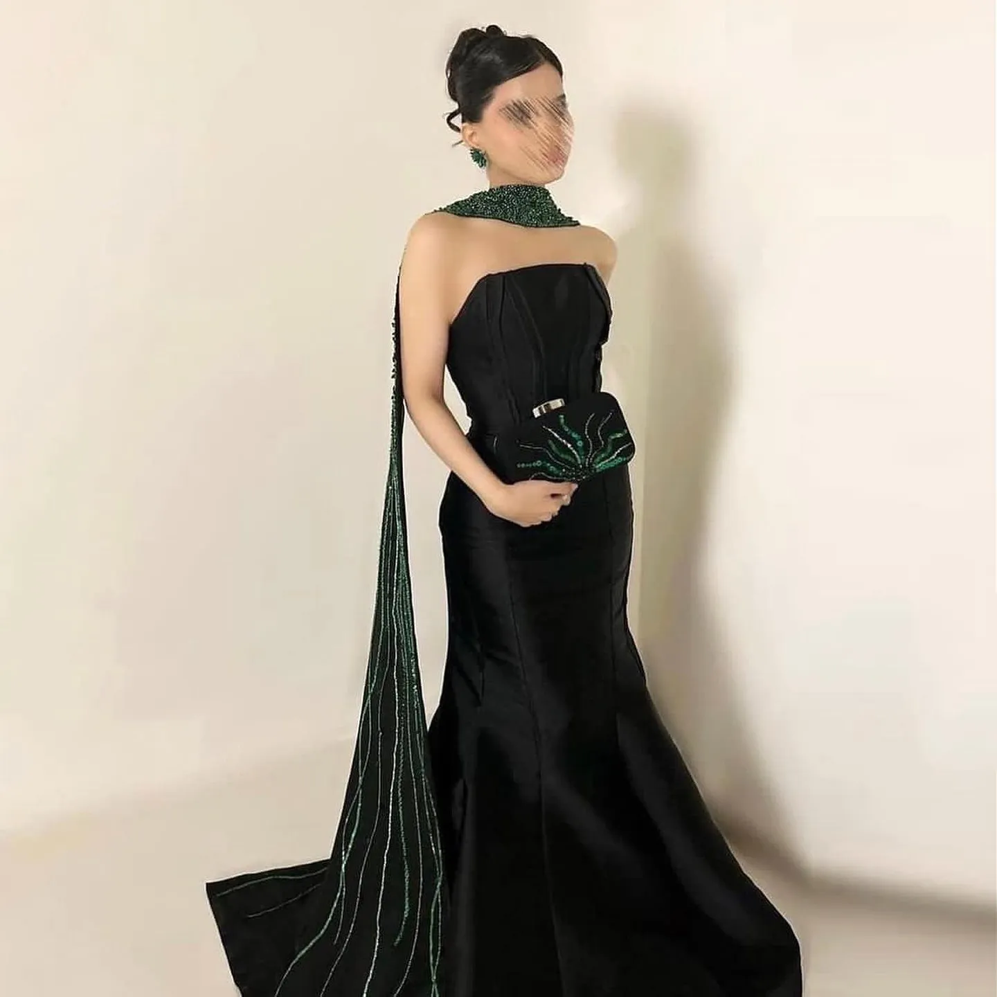 Elegant Black Mermaid Evening Dress with Beaded Scarf SS421