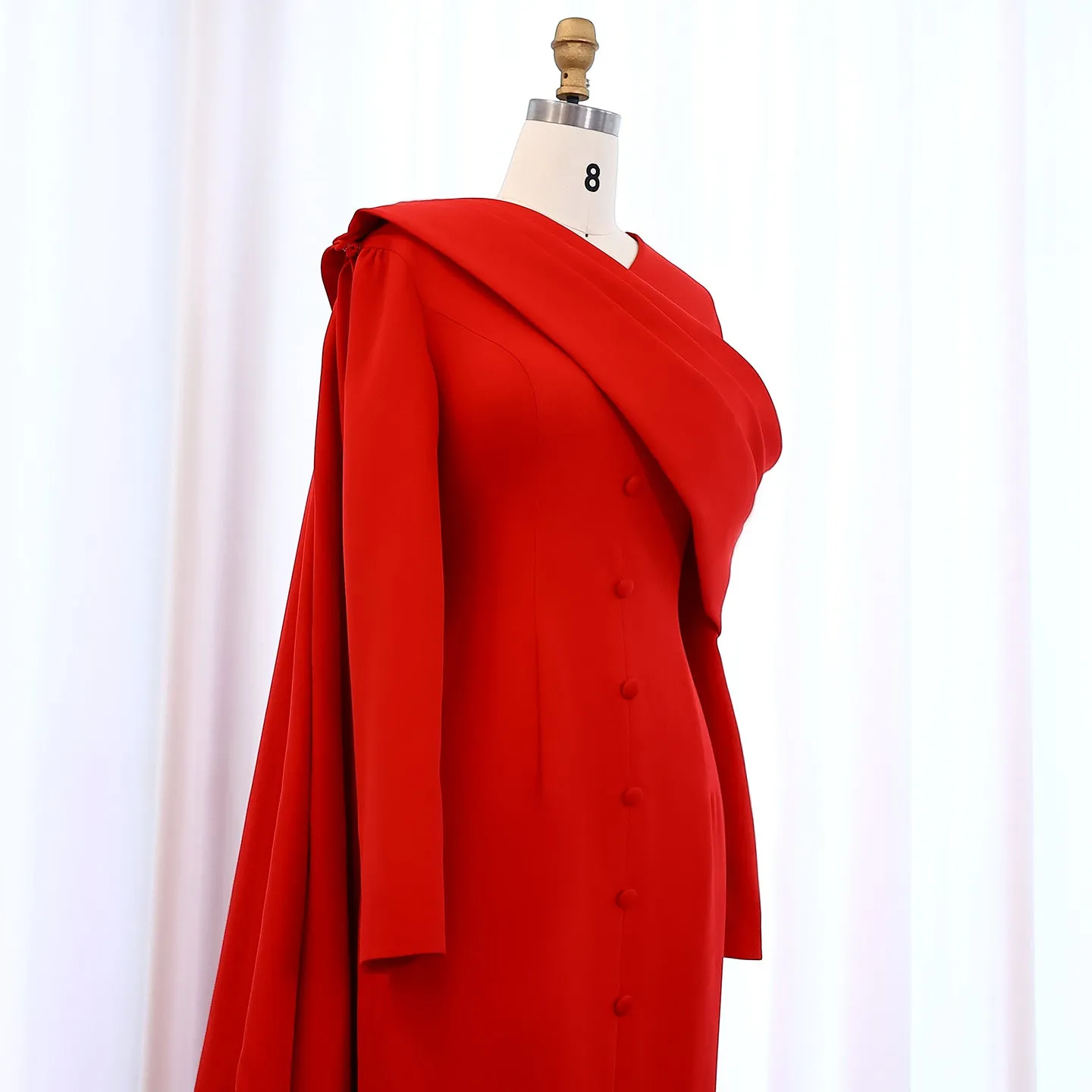 Elegant Red Long Sleeve Evening Dress with Cape SF137