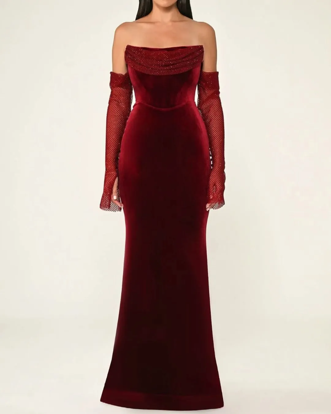 Elegant Velvet Strapless Evening dress with Sleeves SF355