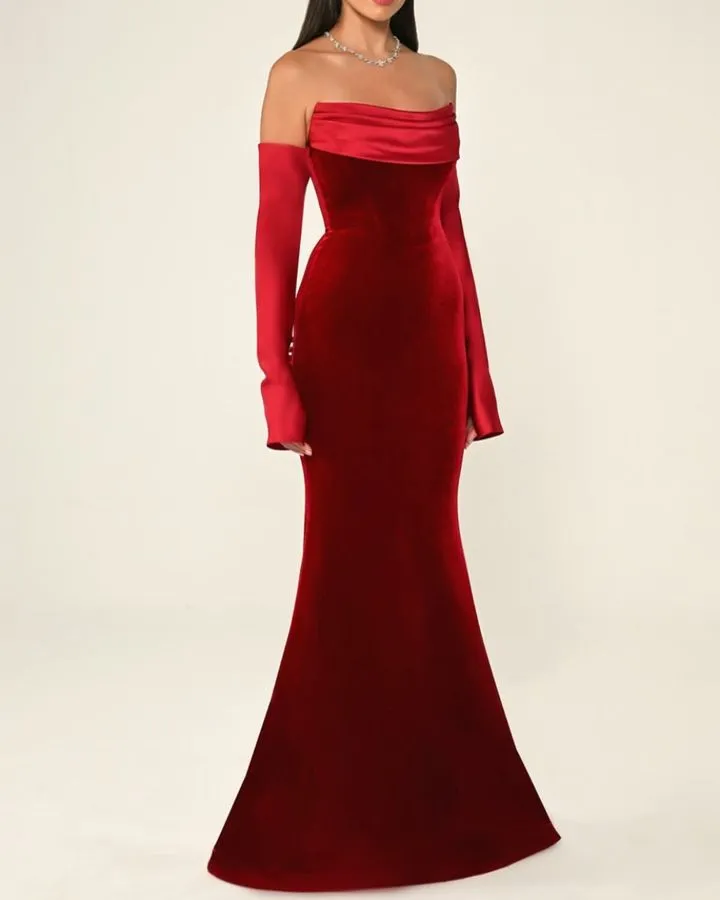 Elegant Velvet Strapless Evening dress with Sleeves SF355