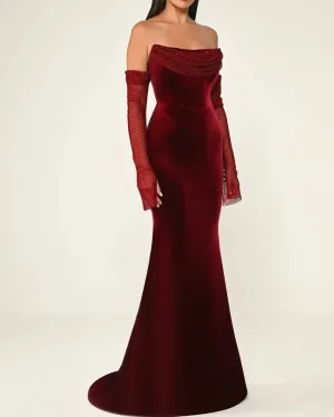 Elegant Velvet Strapless Evening dress with Sleeves SF355