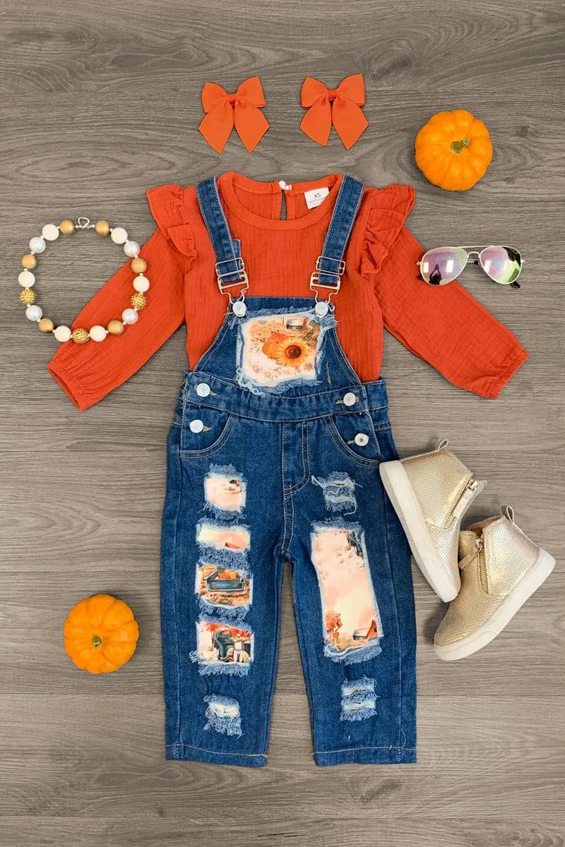 Fall Pumpkin Farm Distressed Denim Overall Set